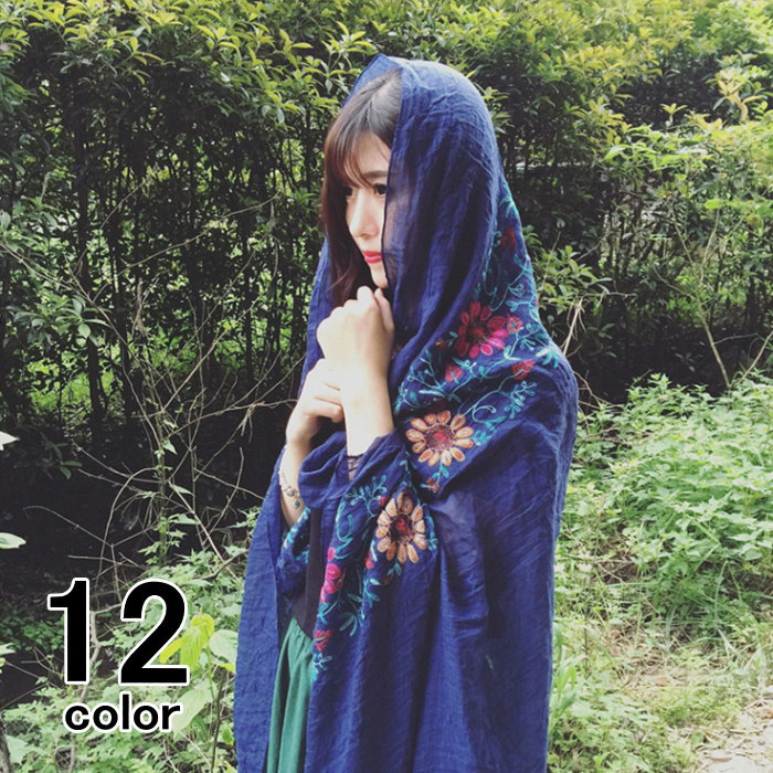 大判スカーフ ストール 刺繍 無地 花柄 ショール 小物 サマーマフラー 薄手 大判 ロング レディース メール便送料無料(アパレル)