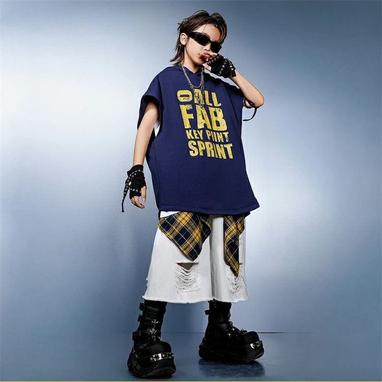 腰巻風 ダンス衣装 ヒップホップ キッズ セットアップ 子供服 紺 パーカー 袖なし ...