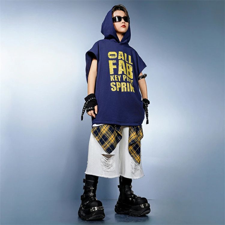 腰巻風 ダンス衣装 ヒップホップ キッズ セットアップ 子供服 紺 パーカー 袖なし ...