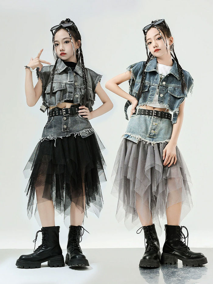 ダンス衣装 キッズ 子供用 ヒップホップ セットアップ デニム ショット トップス へそ出し メッシュ デニムスカート おしゃれ 女の子 ジャズ ダンス 衣装 ジュニア ダンス 発表会 派手 目立つ ダンス服 HIPHOP 大きいサイズ 150 160 170 180 舞台 ステージ ダンス 衣装 2