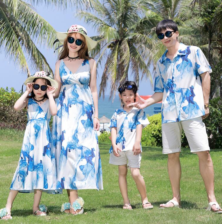 親子ペア 衣装 カップル 夏服 ハワイ旅行 アロハ シャツ ロング丈 ドレス Vネック ...