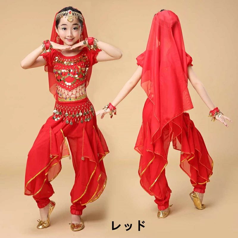 キッズベリーダンスセット 子供用　ベリーダンス衣装　ステージ服 民族衣装　タンゴ トップス ズボン ヒップスカーフ ベール 腕飾り　オレンジ　レッド　ローズ　イエロー　ブルー　パープル8カラー入荷dp150z 2