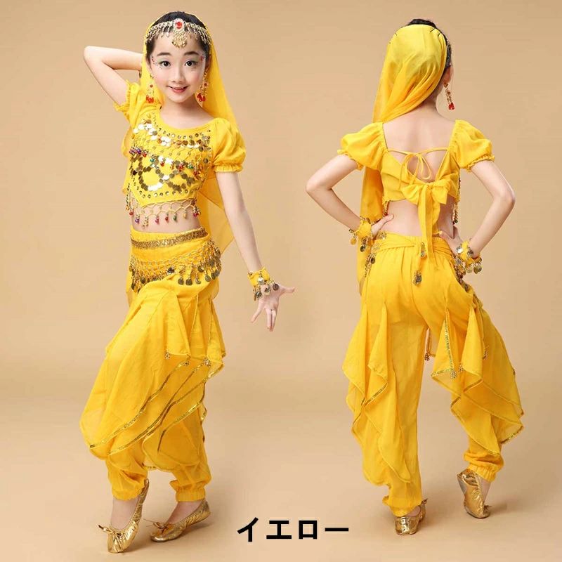 キッズベリーダンスセット 子供用　ベリーダンス衣装　ステージ服 民族衣装　タンゴ トップス ズボン ヒップスカーフ ベール 腕飾り　オレンジ　レッド　ローズ　イエロー　ブルー　パープル8カラー入荷dp150z 3
