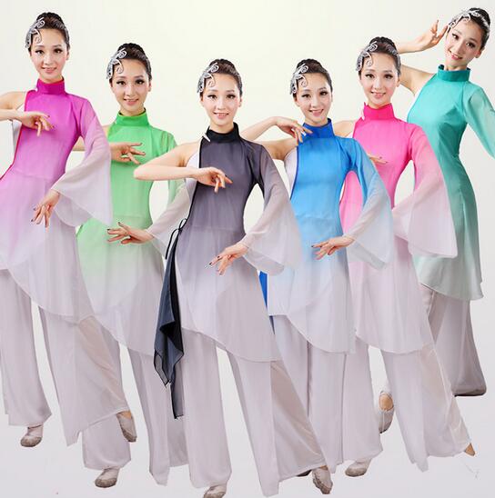 Ballroom Dance - 配色　レディースチャイナ風ドレス舞台社交ダンス服　シフォンガウチョパンツ　古典民族ダンス衣装　6色　中華風扇子ダンス服　改良漢服唐装　学園祭パーティードレス/ステージダンス写真撮影演出服　切り替え