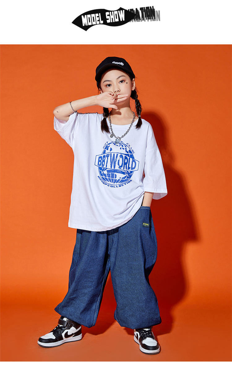 デニムパンツ ヒップホップ ダンス 衣装 キッズ セットアップ シャツ パンツ 原宿系 個性的 子供服 ヒップホップ HIPHOP ステージ衣装 団体服 発表会 JAZZ DANCE 110/120/130/140/150/160/170/180
