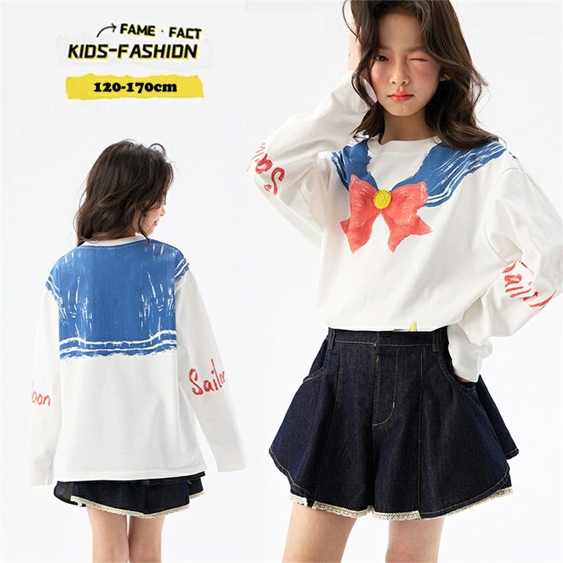 キッズ 女の子 子供服 セーラー風 プリント 長袖トレーナー デニムフレアスカート 2点セット 韓国子供服 カジュアル ガーリー 春秋 韓国子供服 通学コーデ 可愛い おしゃれ 普段着 子ども服 ジュニア 春秋 お出かけ 120cm 130cm 140cm 150cm 160cm 170cm