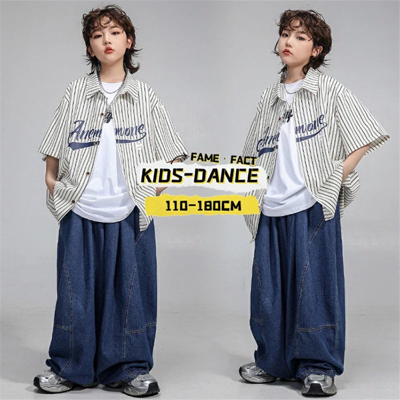 ダンス衣装 キッズ セットアップ ダンス服 ヒップホップ 子供服 男の子 女の子 ストライプ柄 半袖 シャツ トップス ワイドパンツ デニムパンツ ステージ衣装 発表会 Y2K キッズダンス ジュニア ストリート系 普段着 カジュアル ダンスウエア 舞台衣装 KPOP おしゃれ 練習着