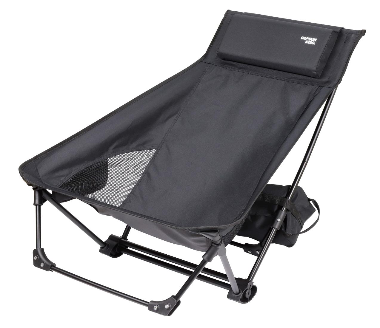 キャプテンスタッグ(CAPTAIN STAG) アウトドアチェア チェア ロースタイル グランドリクライニングチェア 組立式 ハイバック ロッキング機能付き マクラ付き サイドポケット付き ブラック トレッカー UC-1852 幅660×奥行890×高さ820mm