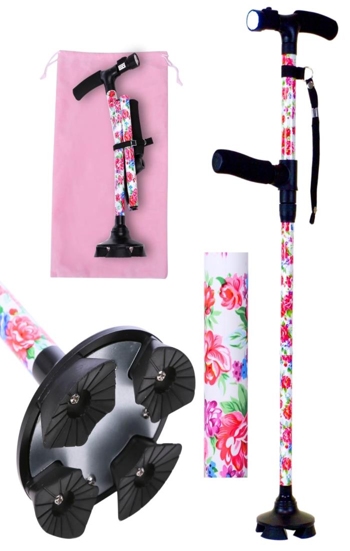 【理学療法士推薦＆雑誌掲載】＜低身長女性も安心＞ 女性用多機能杖 自立型 4点足 折りたたみ ライト付..