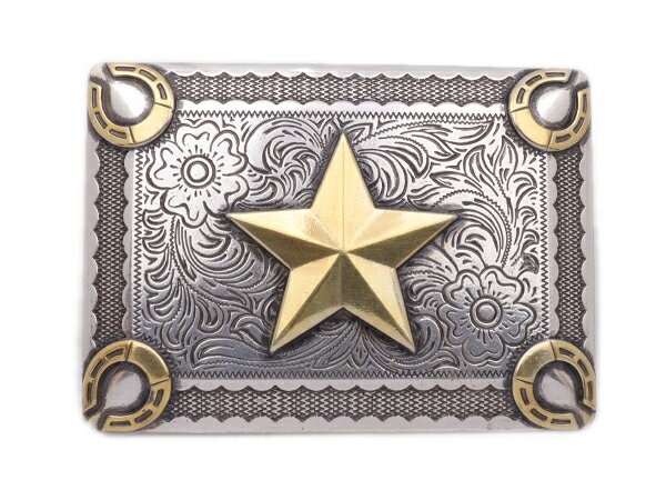 トロフィースタイルバックル 馬蹄&スター ニッケル&ゴールド ベルト巾38mm、本体88mm×64mm 1ヶ【メール便選択可】 [レザークラフトぱれっと] レザークラフトバックル トップ式バックル