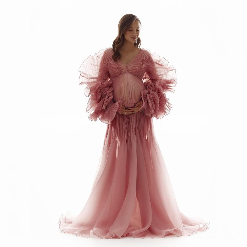 マタニティ ワンピース プリーツ シースルー 妊婦 写真撮影用 ドレス ゆったり シルエット エレガント