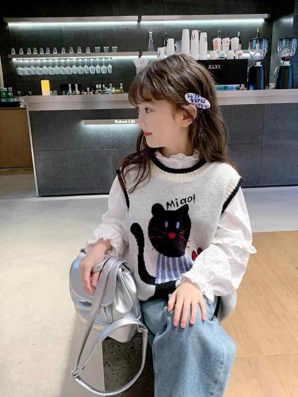 女の子 ニット ベスト 春秋 おしゃれ 編み トップス 子供用 かわいい 軽量 綿混 レイヤード スタイル