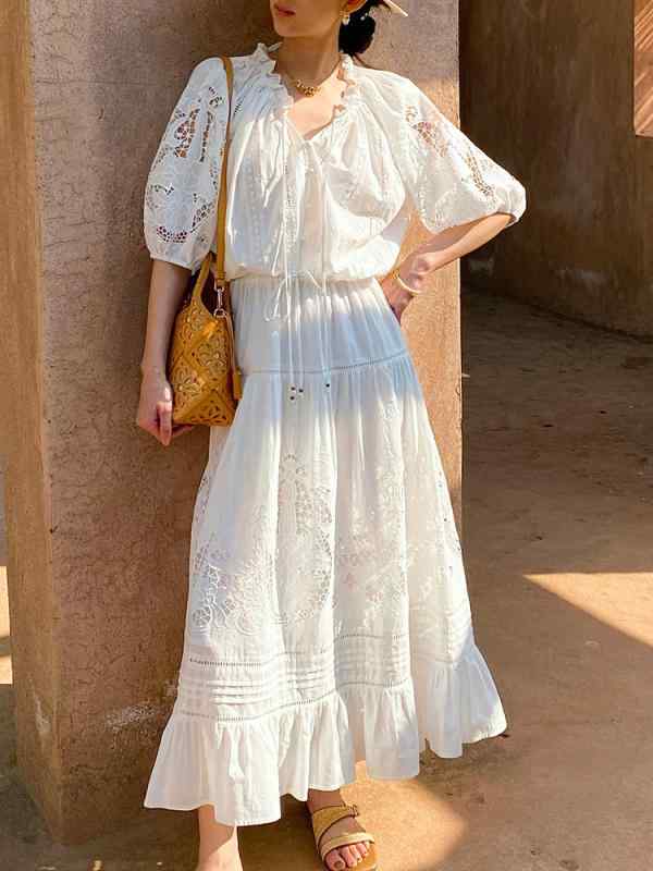 レディース 春夏 フレンチ リゾート風 白 ブラウス ハーフスカート セット 軽やか トップス ミディ丈 スカート 組み合わせ 日常使い