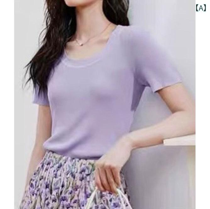 樂天商城 - 送料無料 ポイント10倍 ニットTシャツ レディース 夏用 短袖 Uネック 羊毛混 軽量 インナー トップス 吸湿速乾 伸縮性 普段使い 通勤用 柔らかい肌触り