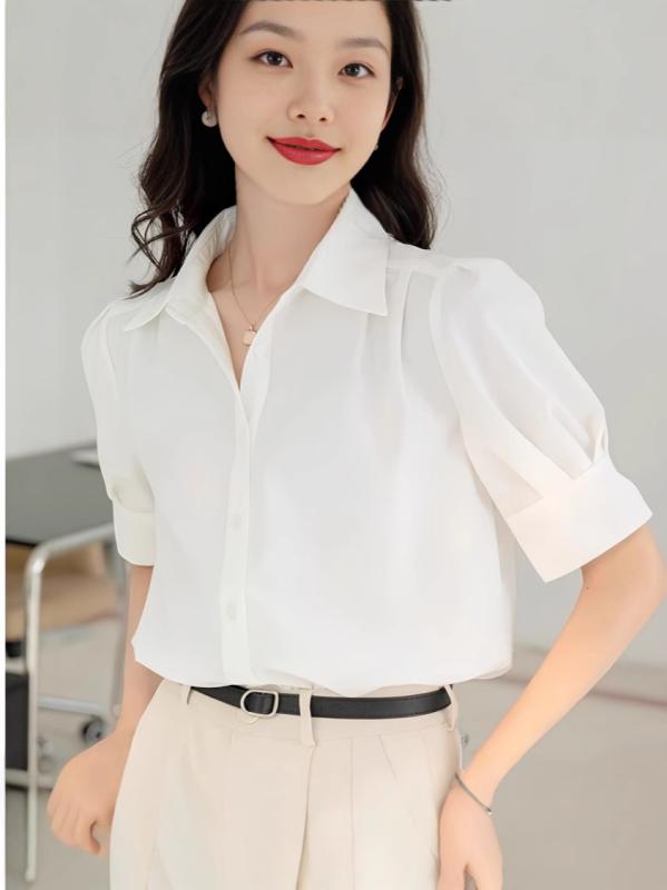 樂天商城 - シャツ 女性用 夏 白 短袖 フレンチスタイル 通勤 エレガント トップス ブラウス オフィス 洗練 シルエット 軽やか コットン調 素材 スタイリッシュ