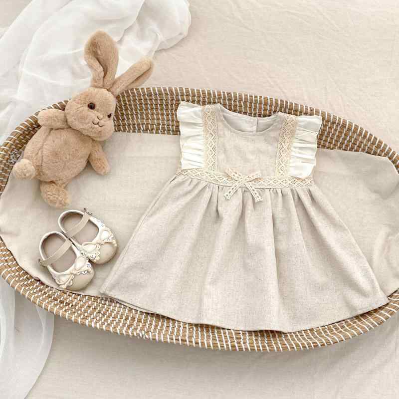 ベビー 女の子 夏 プリンセス ワンピース 配色 パフスリーブ かわいい ガーリー ドレス 軽やか コットン 混 スタイリッシュ スカート 普段使い