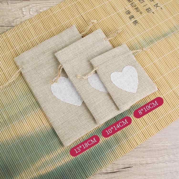 Drawstring Bags - 収納バッグ 麻素材 綿麻 シンプル ハート型 紐締め 二重ドローストリング ビーズ装飾 種子用 包装 軽量 普段使い