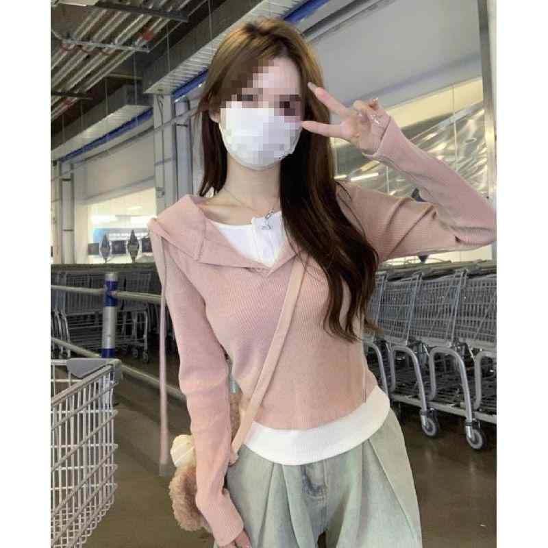 Tシャツ レディース フード付き フェイクライヤード 長袖 春用 スリムフィット スタイルアップ 韓国 トップス インナー 普段使い 軽量 伸縮性 吸湿速乾 コットン混 ブラック グレー ピンク系