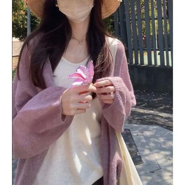 カーディガン レディース 灯籠袖 ニット 薄手 UVカット ゆったり フィット ワイドシルエット 軽量 春夏 パープル トップス 防風 リラックススタイル 吸湿速乾