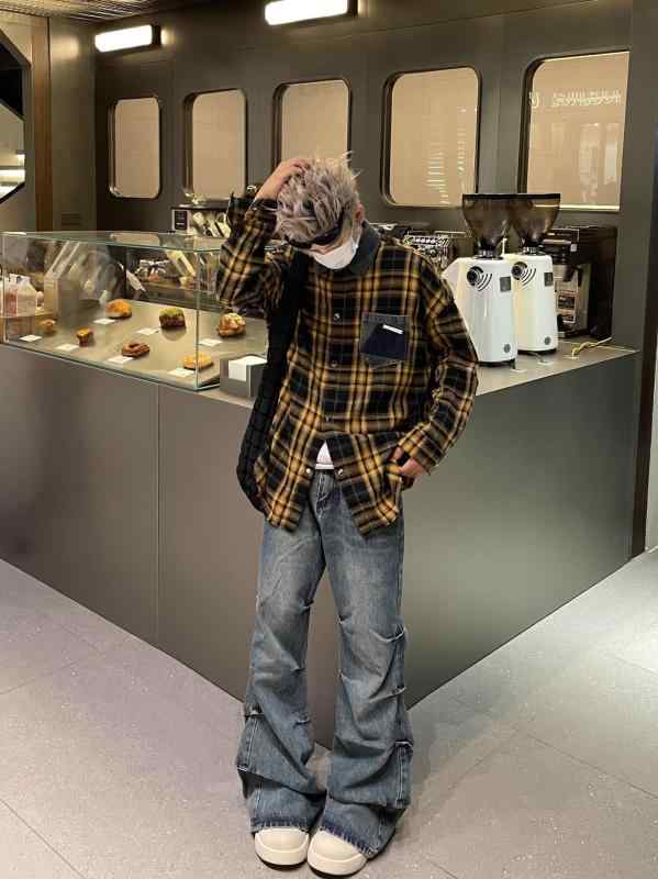 樂天商城 - メンズ チェック柄 シャツ デニム襟 レトロ 高級感 切り替え 春秋 ユニセックス 普段使い コーディネート トップス