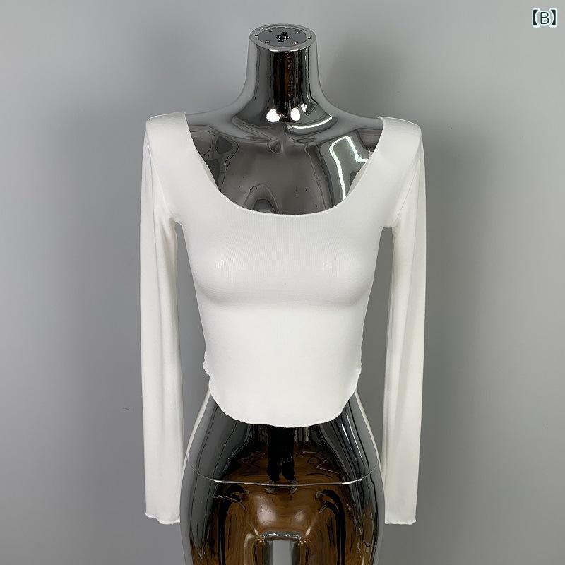 レディース 長袖 Tシャツ 低胸 セクシー スリムフィット 胸強調 大型アーチ裾 ボディライン トップス グラマラス 女性上衣