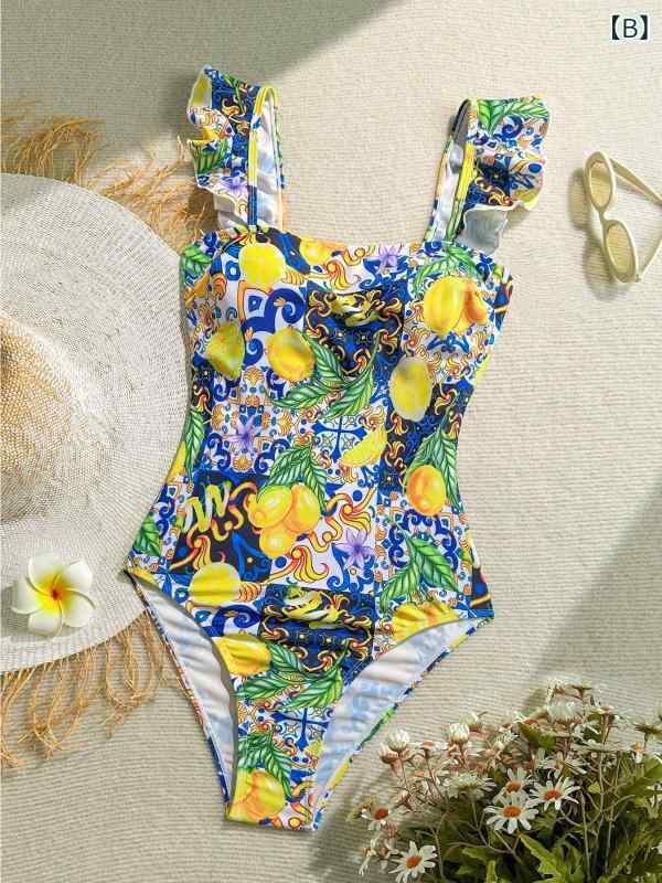 LCE楽天市場店の水着 ワンピース レディース フリル キャミソール プリント 柄物 体型補正 大きいサイズ ゆったり 着痩せ 細見え お腹周り 二の腕ケア 伸縮性 速乾 高級感 おしゃれ かわいい カジュアル スタイルアップ ビーチ 海 プール リゾート トラベル 夏｜アングル3
