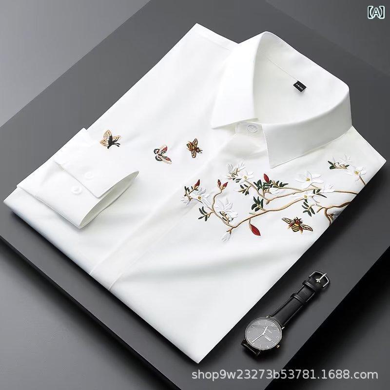 LCE楽天市場店のポイント10倍 シャツ 男性用 長袖 白 秋 ノンアイロン スリムフィット 刺繍 高級感 カジュアル トップス コットン 混 軽量 吸湿速乾 通勤 普段使い｜アングル2