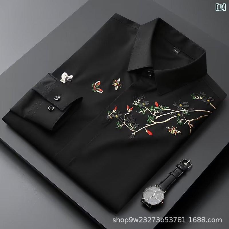 LCE楽天市場店のポイント10倍 シャツ 男性用 長袖 白 秋 ノンアイロン スリムフィット 刺繍 高級感 カジュアル トップス コットン 混 軽量 吸湿速乾 通勤 普段使い｜アングル3