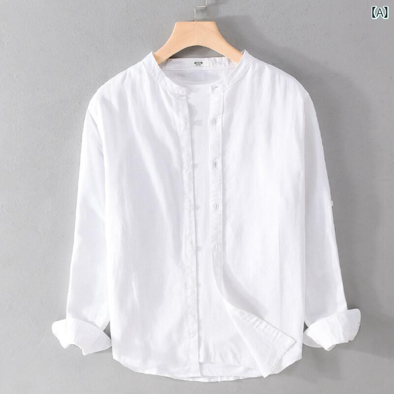 LCE楽天市場店のポイント10倍 メンズ シャツ 長袖 コットン リネン 素材 通気性 立襟 春秋 コーディネート 普段使い 軽量 吸湿 速乾 男性用 トップス｜アングル2