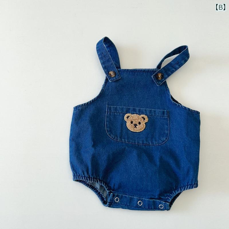 LCE楽天市場店のベビー デニム オーバーオール セット 夏用 新生児 服 かわいい ロンパース ガウン 普段使い 軽量 綿素材 ビッグシルエット ブルー系｜アングル3