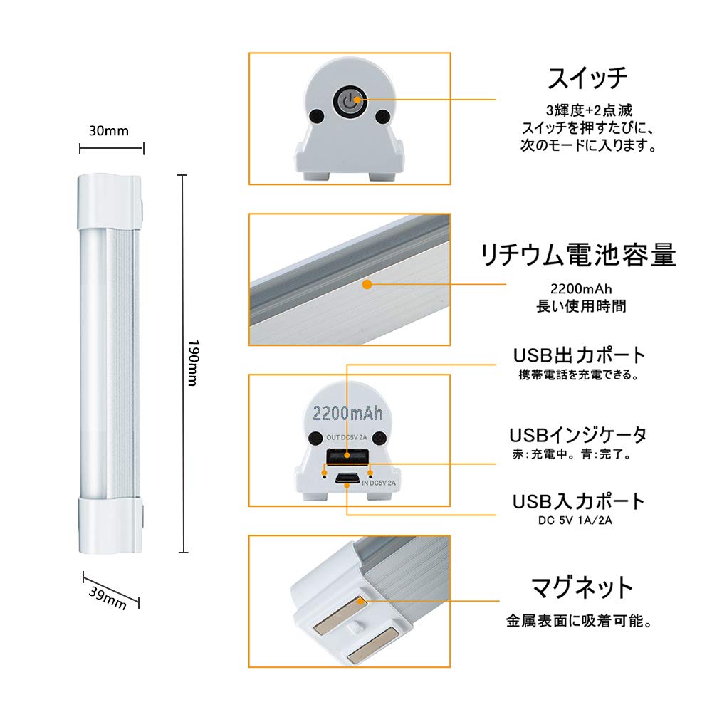 LEDライト マグネット USB充電式 5照明モード 調光3段階 SOS点滅 2200mAh 60W 超高輝度 室内/アウトドア/作業用/緊急対応/停電対策 携帯型 多機能 懐中電灯 防災 夜用品 車検 車中泊照明 機械修理 点検 多用途 [2]