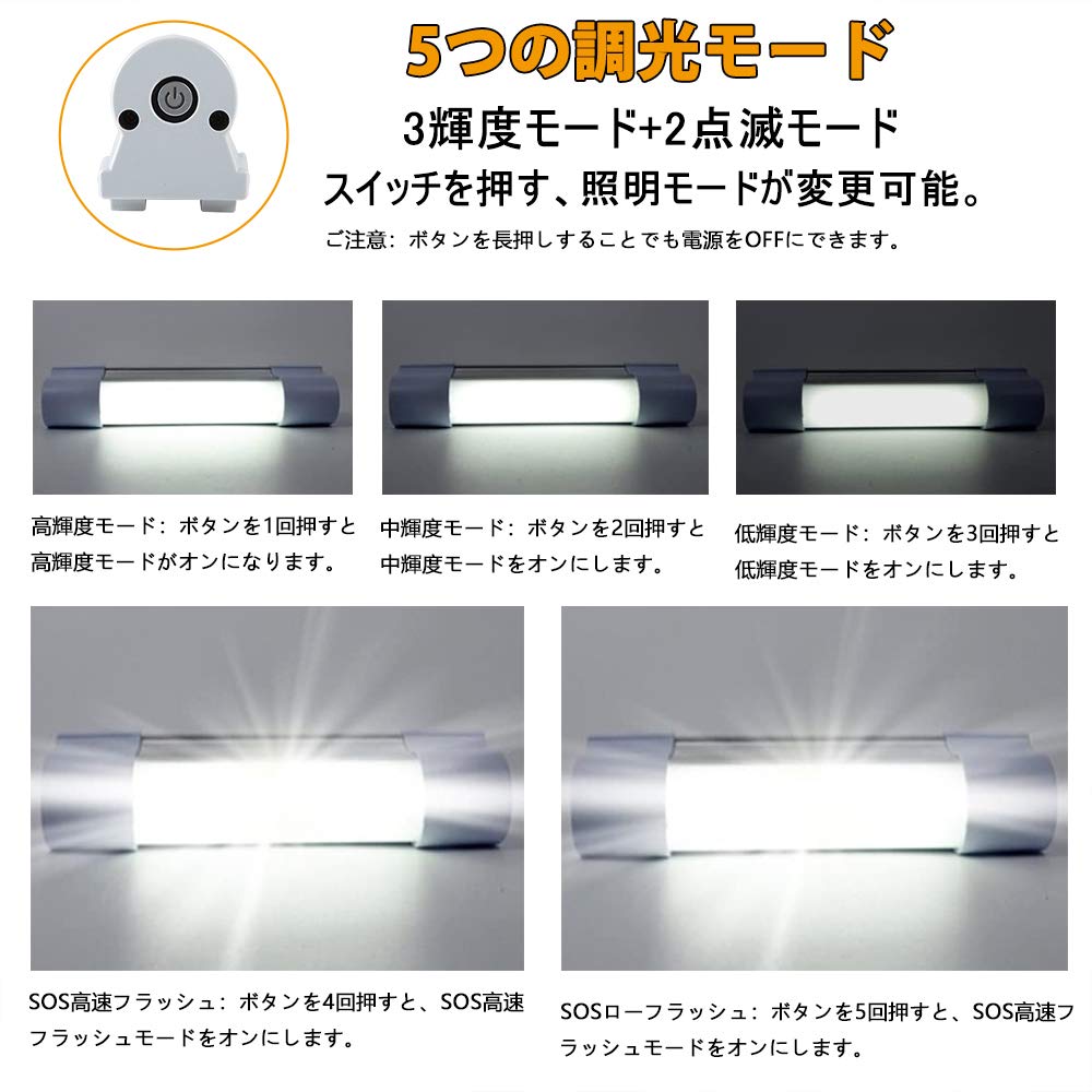 LEDライト マグネット USB充電式 5照明モード 調光3段階 SOS点滅 2200mAh 60W 超高輝度 室内/アウトドア/作業用/緊急対応/停電対策 携帯型 多機能 懐中電灯 防災 夜用品 車検 車中泊照明 機械修理 点検 多用途 [3]