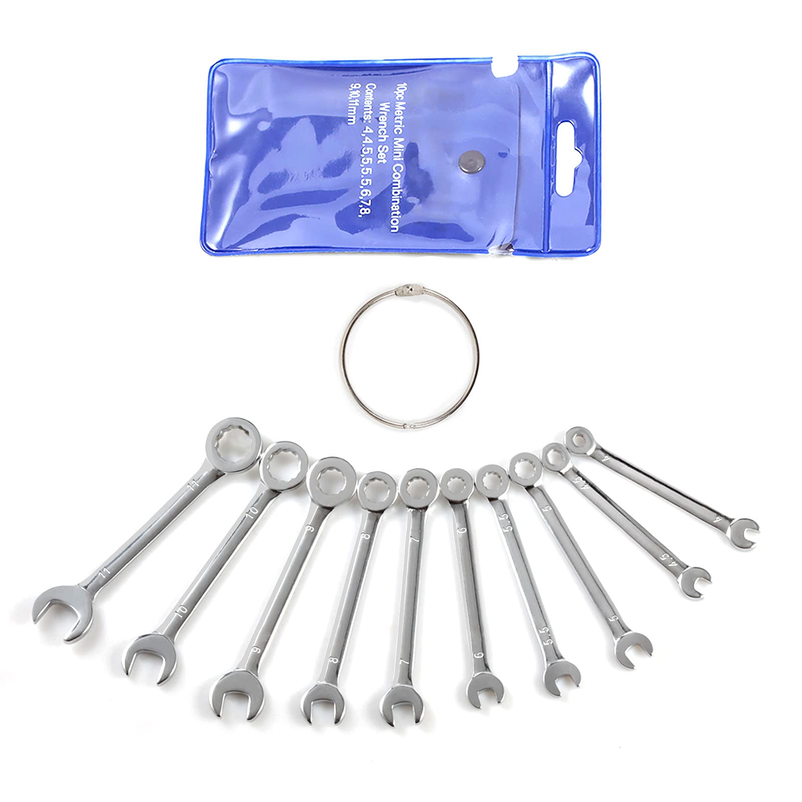 この商品についてサイズ：4mm?4.5mm?5mm?5.5mm?6mm?7mm?8mm?9mm?10mm?11mm。付属品：リング、収納袋。用途：小さな六角ボルト、ナットおよび四角止めねじの締付け、緩め作業に。特長：薄型設計で狭い隙間での作業に便利です。ミニタイプなので持ち運びしやすいです。材質：高炭素鋼、クロームメッキ