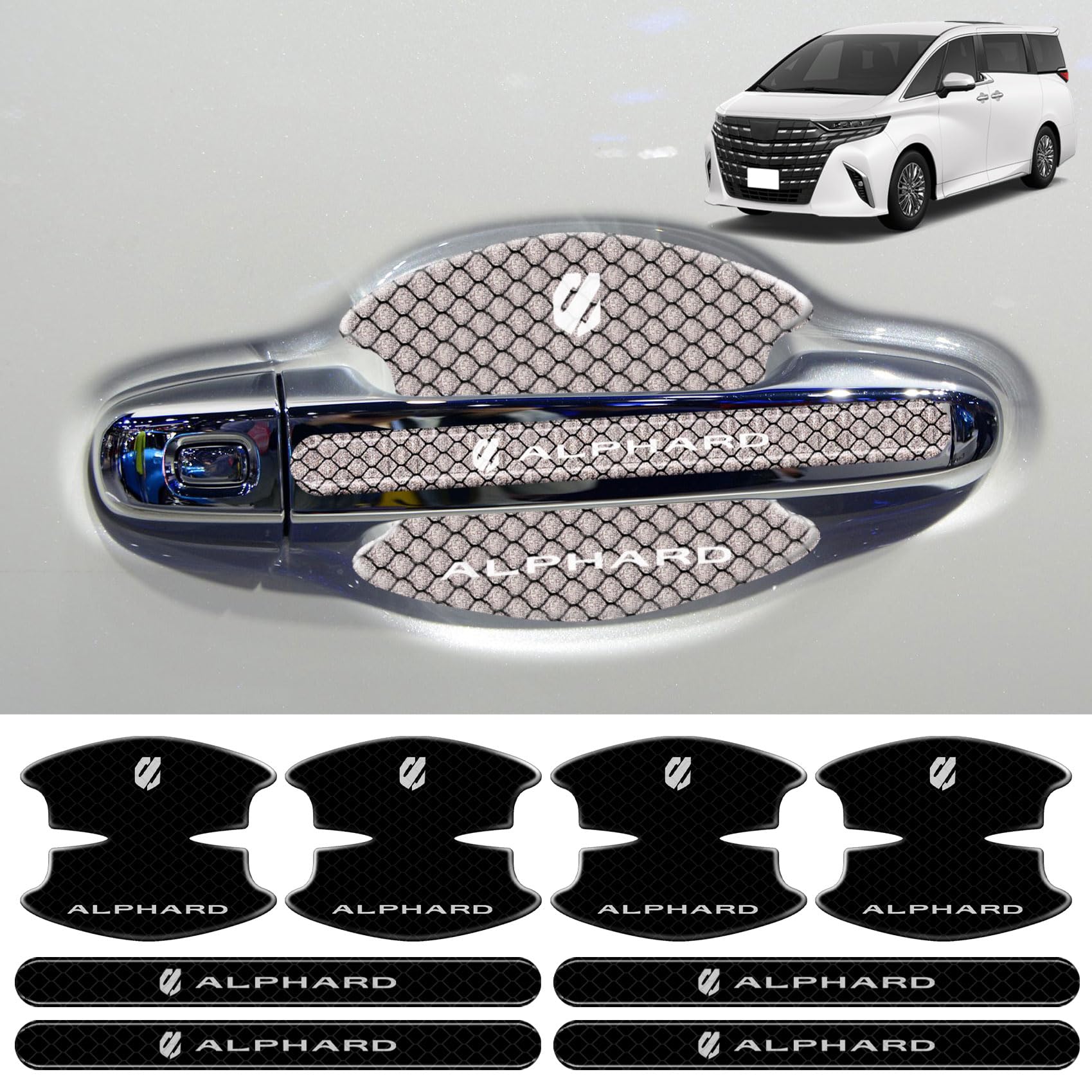 ドアハンドル プロテクター 新型アルファード 40系 ドアノブカバー ドア 反射する材質 ALPHARD 40系 AAHH40W AAHH45W（2023年6月〜現行） 車種専用 夜間の車の運転安全を守る 傷隠し シール 日本語説明書付き 8ピース