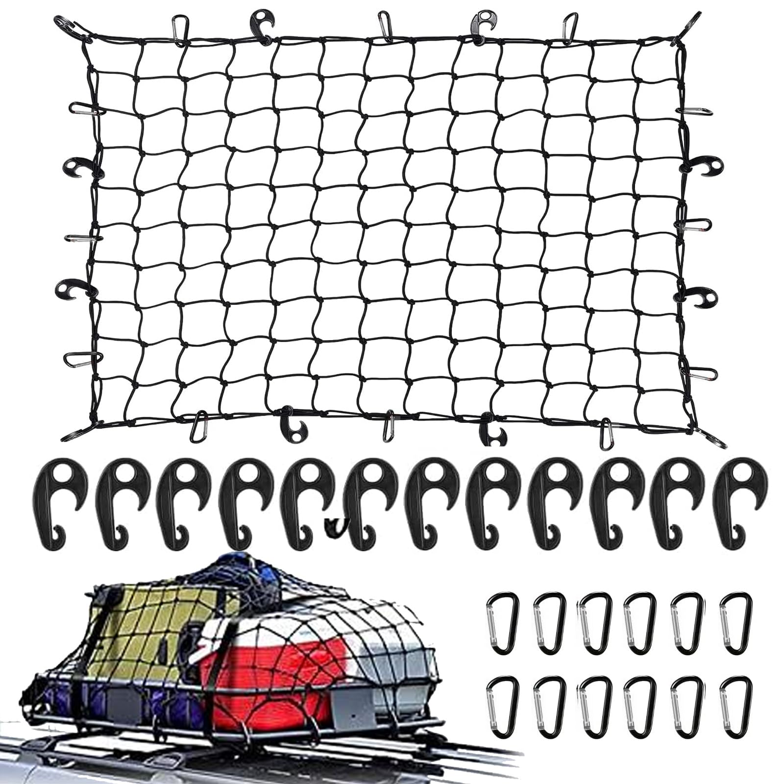 カーゴネット 90x120cm 荷崩れ防止 車用 ラゲッジネット 荷物収納 伸縮性 ルーフキャリアネット ABS製フックx12 D型カラビナx12 ツーリングネット 荷物落下防止 高弾性 カーゴネット トランク荷台用 ゴムネット トラック