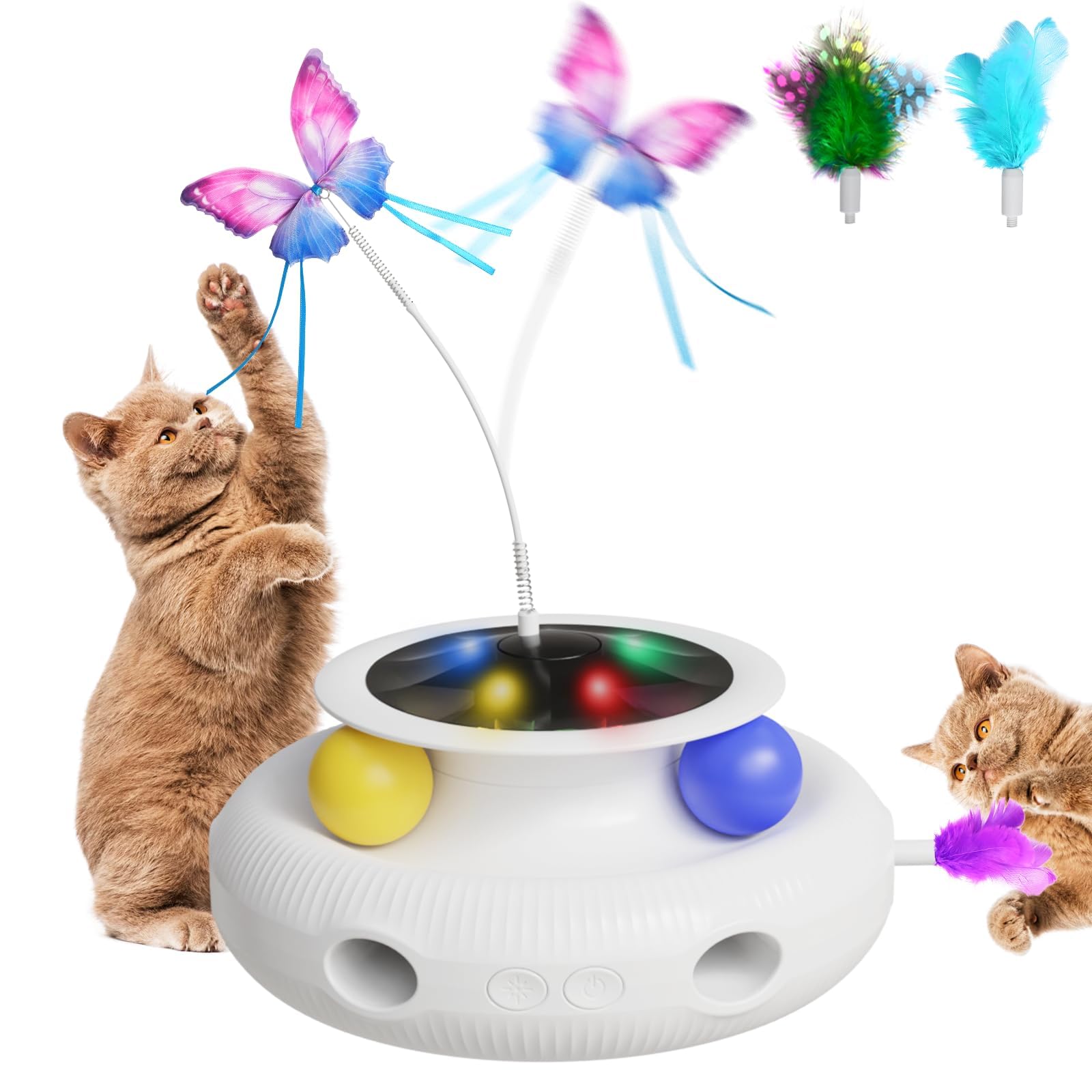 Rakuten - 【最新型】 猫 玩具 一人遊び 猫 おもちゃ 4in1猫じゃらし 【蝶々回転/猫ボール/羽根飛び出し/LEDライト付き】 電動 自動 猫用 ねこ 知育玩具 ランキング 人気 飽きない 天然素材 室内 寂しさ解消 ストレス解消 運動不足対策(本体）