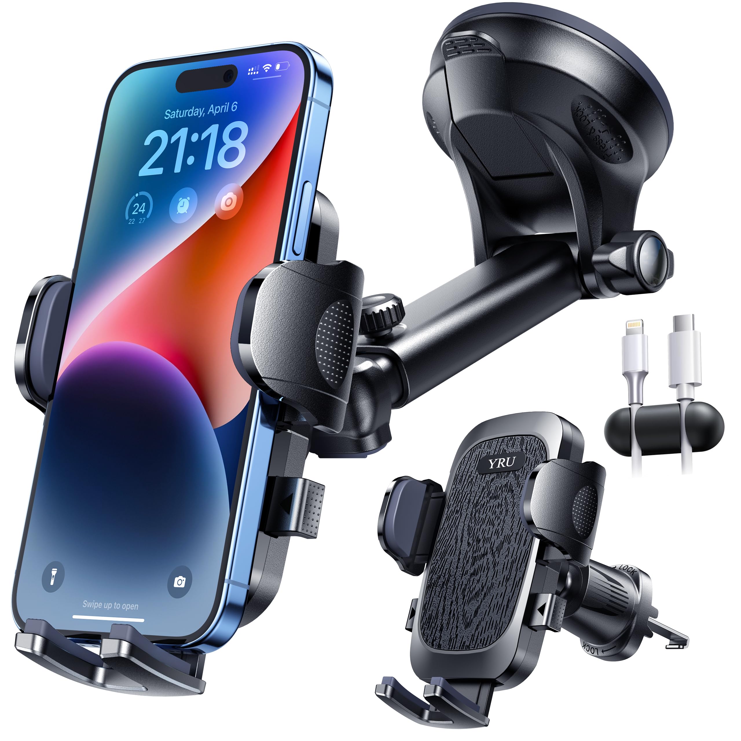 【2024年進化】スマホホルダー 車 車載ホルダー 粘着ゲル吸盤 送風口兼用 スマホスタンド 360度回転 片手操作 伸縮アーム iPhone 15 14 13 12 Plus Pro Max Mini Xperia 4-7インチ全機種対応 (もくめブラック)