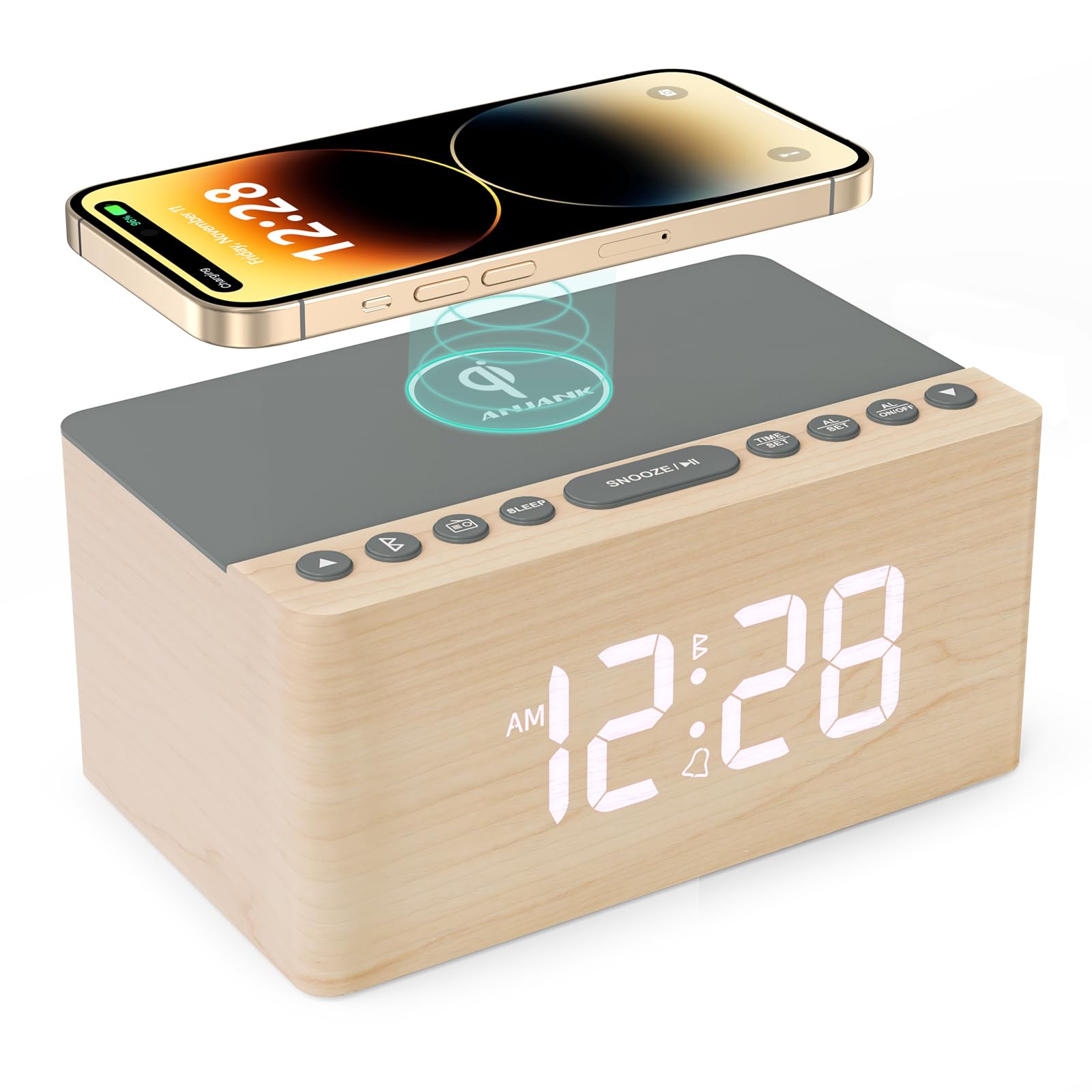 木製目覚まし時計付きBluetoothスピーカー FM ラジオ ワイヤレス充電器 USB 充電ポート 0~100 調光器 スリープタイマー デジタル時計付きLEDディスプレイ おしゃれ置き時計 寝室 ベッドサイド デスク 卓上用（ナチュラル）