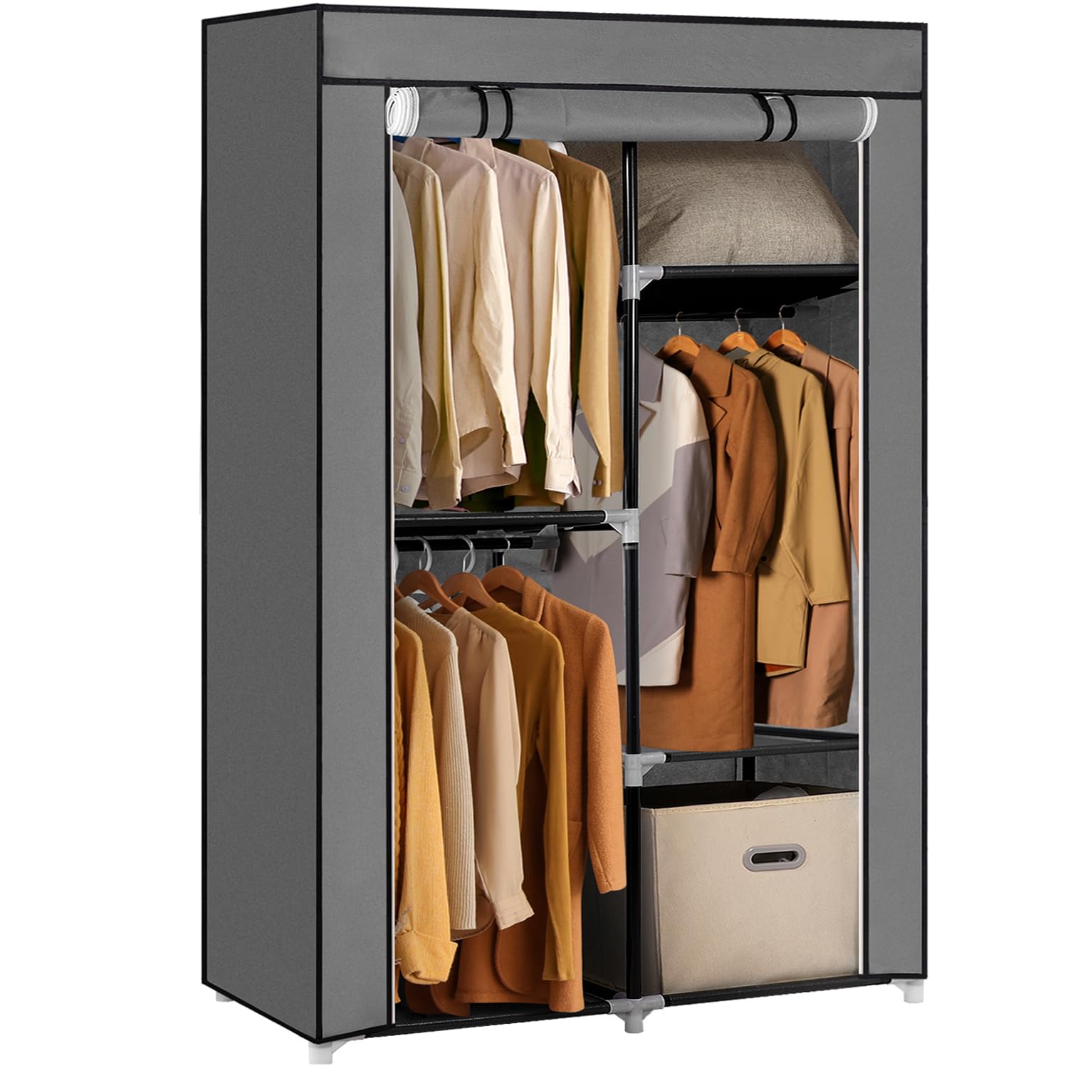ワードローブ カバー付き クローゼット 不織布 直径19mmのスチールパイプ 大容量 ハンガーラック 簡単組み立て式 衣類収納ラック 省スペース洋服収納ラック防水 防塵 防汚 耐用 幅 88×奥行44×高さ165cm (グレー)