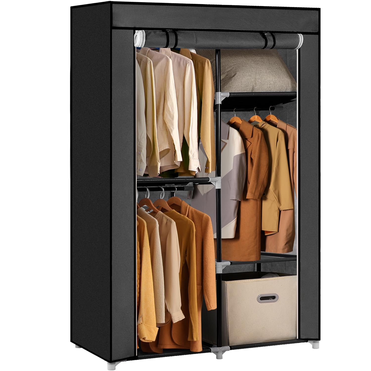 ワードローブ カバー付き クローゼット 不織布 直径19mmのスチールパイプ 大容量 ハンガーラック 簡単..