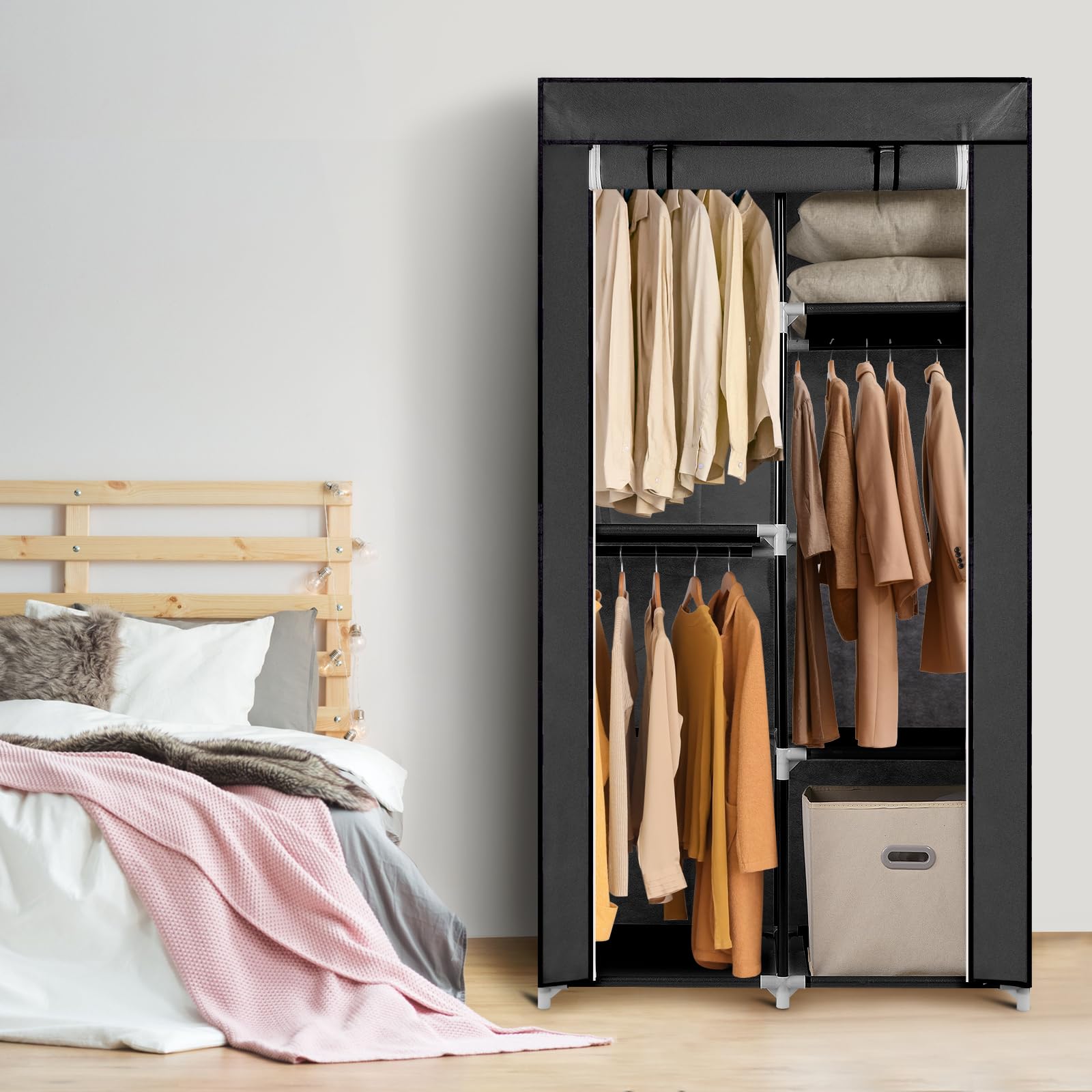 ワードローブ カバー付き クローゼット 不織布 直径19mmのスチールパイプ 大容量 ハンガーラック 簡単組み立て式 衣類収納ラック 省スペース洋服収納ラック防水 防塵 防汚 耐用 幅 88×奥行44×高さ165cm (ブラック) [2]