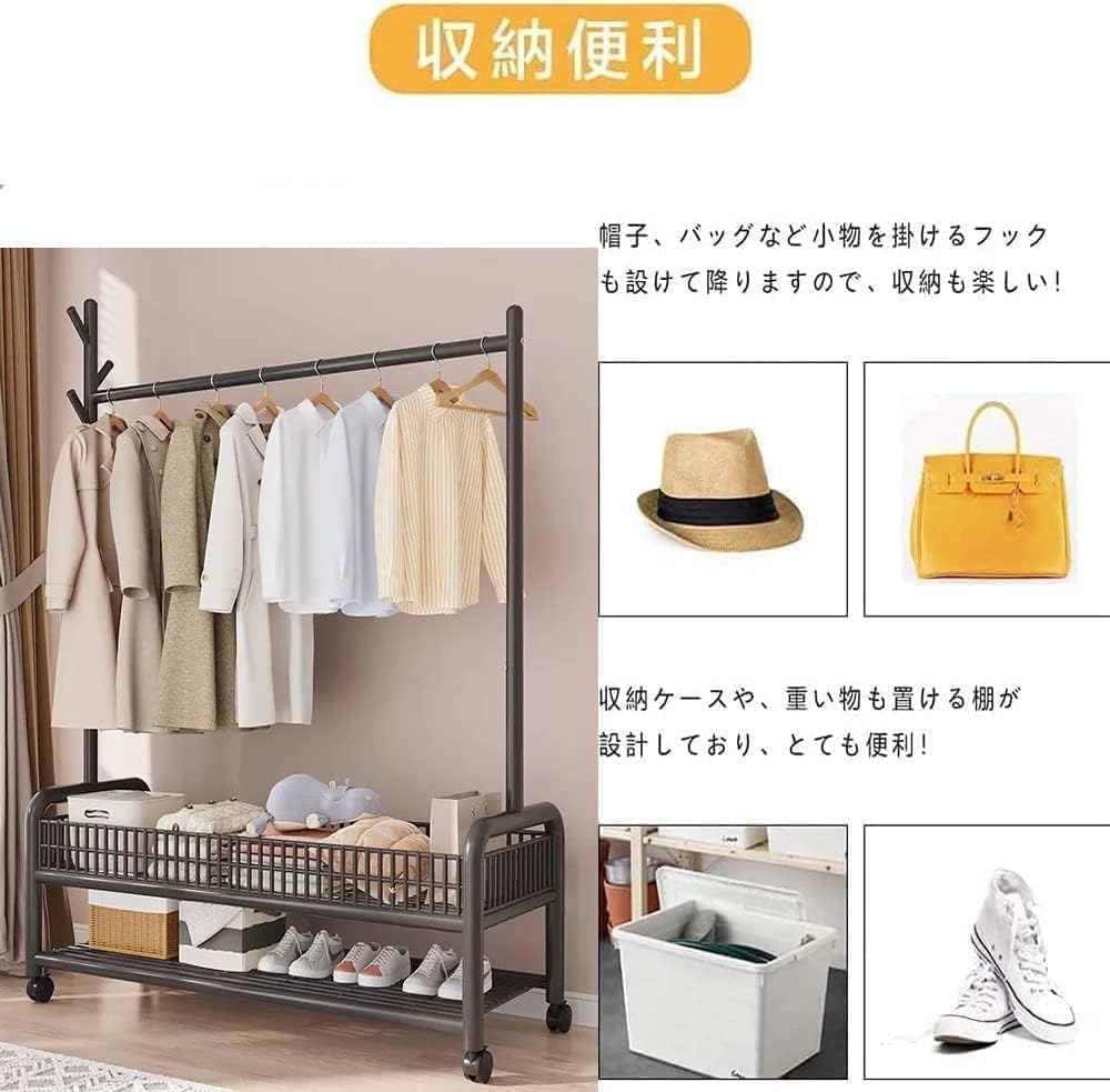 ハンガーラック 2メッシュ棚付き パイプハンガーラック 洋服ラック コートラック 衣類ラック 洋服掛け 組立簡単 防サビ 防水 耐腐食性 物干しスタンド 高耐荷重 頑丈 梅雨対策 キャスター 幅90×奥行35×高さ176cm (ブラック) [3]