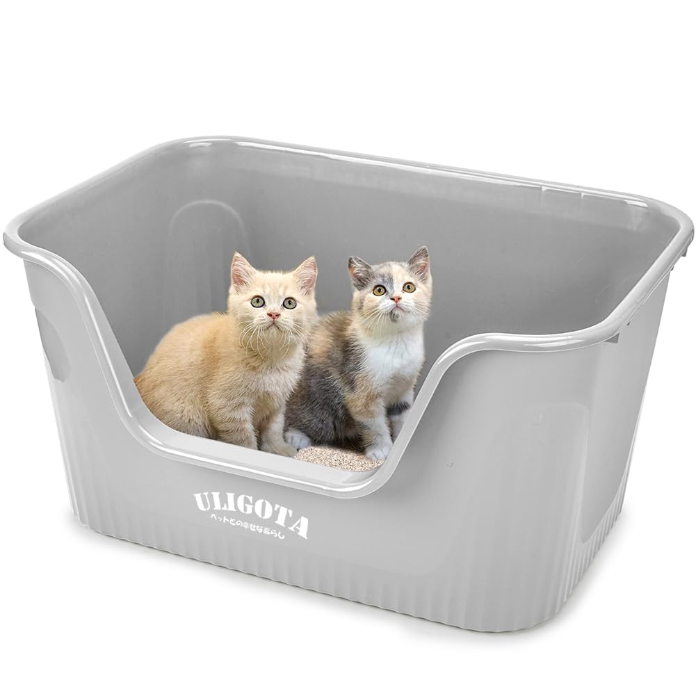 Rakuten - 超大型猫用トイレ オープンタイプ 大きい猫 多猫 本体 簡単掃除 清潔 飛散防止 一体成形 幅64×奥45×高33cm【入り口までの高さ】14.4cm ライトグレー