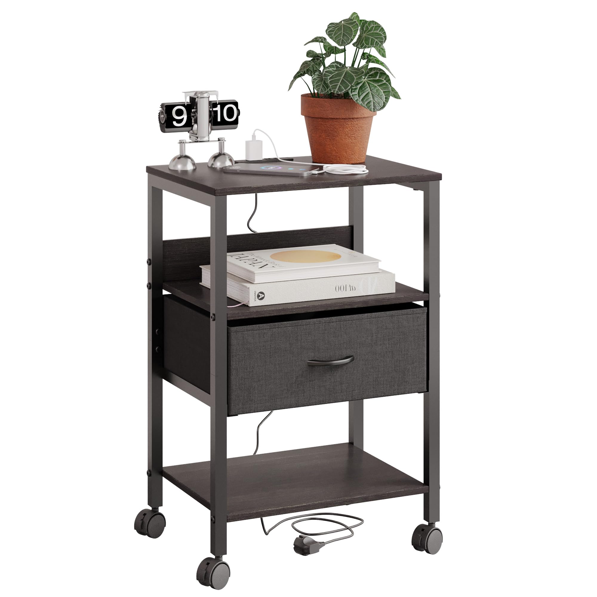 サイドテーブル キャスター付き ナイトテーブル 引き出し付きのベッドサイド テーブル コンセント付き ..