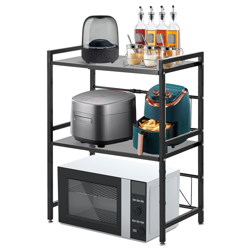 Rakuten - 2層レンジ上ラック キッチンラック伸縮幅42~64cm（64CM以内がベスト） x 深さ36cm x 高さ79cm 棚板高さ調節可5.5CM キッチン 収納 レンジ台 ラック キッチン収納棚デスクトップ収納可動フック付きの多機能収納棚耐熱防水錆びにくい
