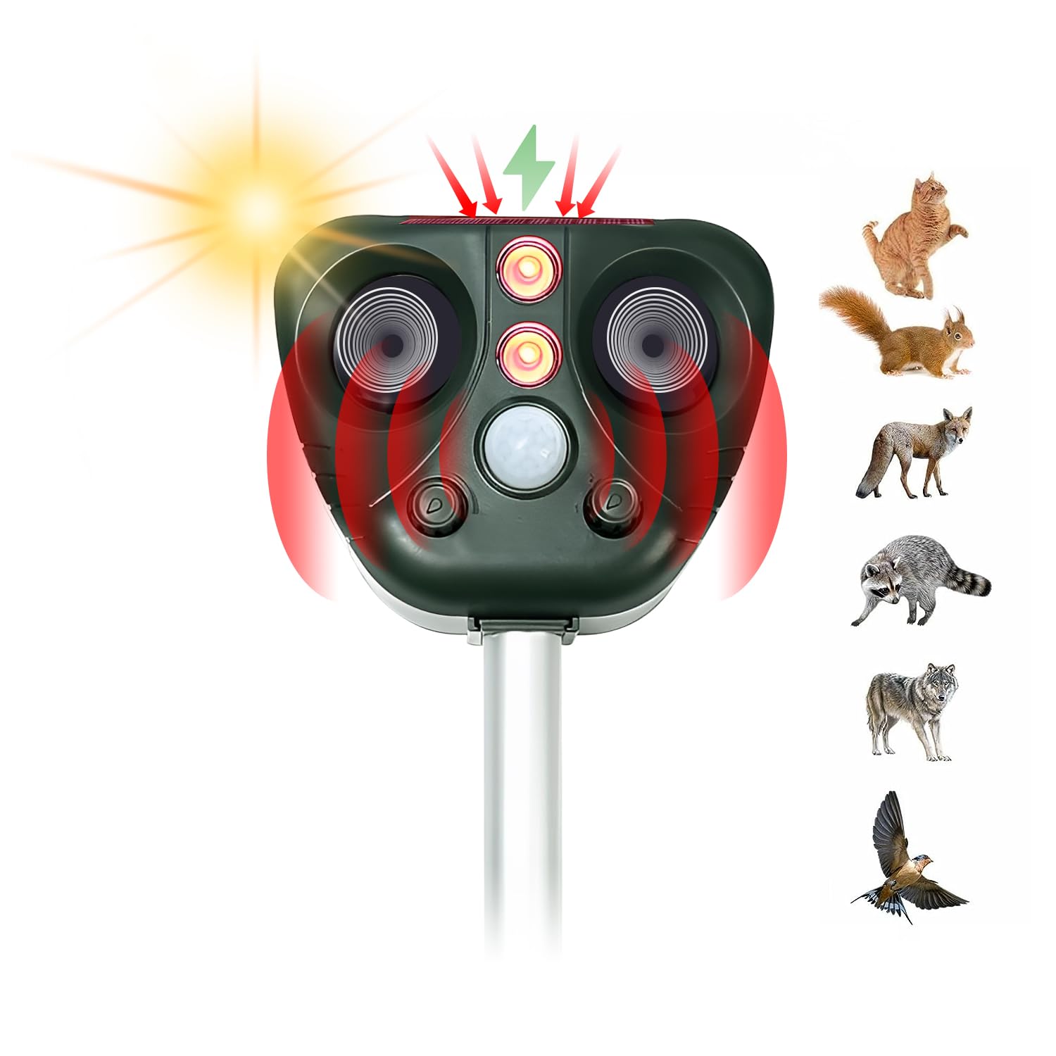 【360°超音波駆除】この動物撃退器は強いフラッシュライト、警報音、超音波の三重駆除方法で、360°全方位の制御を実現します。どこに置いてもセンサーは自動的に作動し、全方位の保護を確保します。そして人間には害はありません。【超広い効果範囲】...