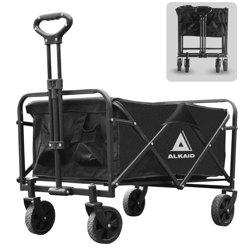 キャリーワゴン 耐荷重150kg 折りたたみ式 キャリーカート アウトドアワゴン 大容量 キャンプ BBQ コンパクト収納（中型?ブラック）