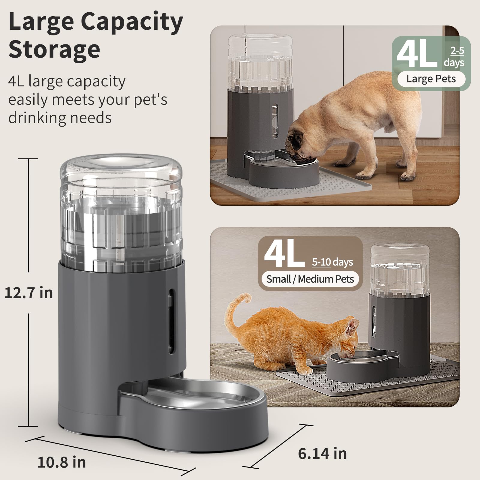 4L 猫水飲み器 プレースマット＆ステンレス製ボウル付き 自動重力式ペット給水器 大容量自動給水器 多頭飼い 留守対応 大きいサイズ 中型小型犬用 2