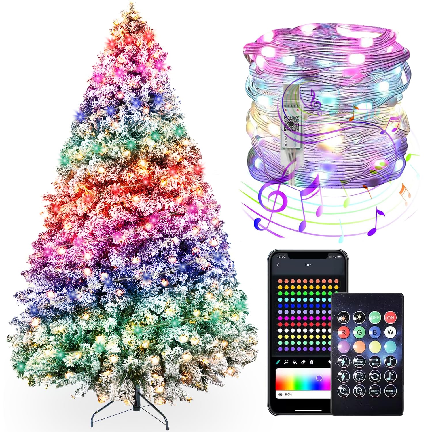 Rakuten - イルミネーションライト 10m 100球 USB給電式 DIY LED ストリングライト タイマー機能 音楽同期 フェアリーライト アプリ制御 リモコン付 調光調色 クリスマスツリーライト IP65防水 点滅 電飾 屋外 室内