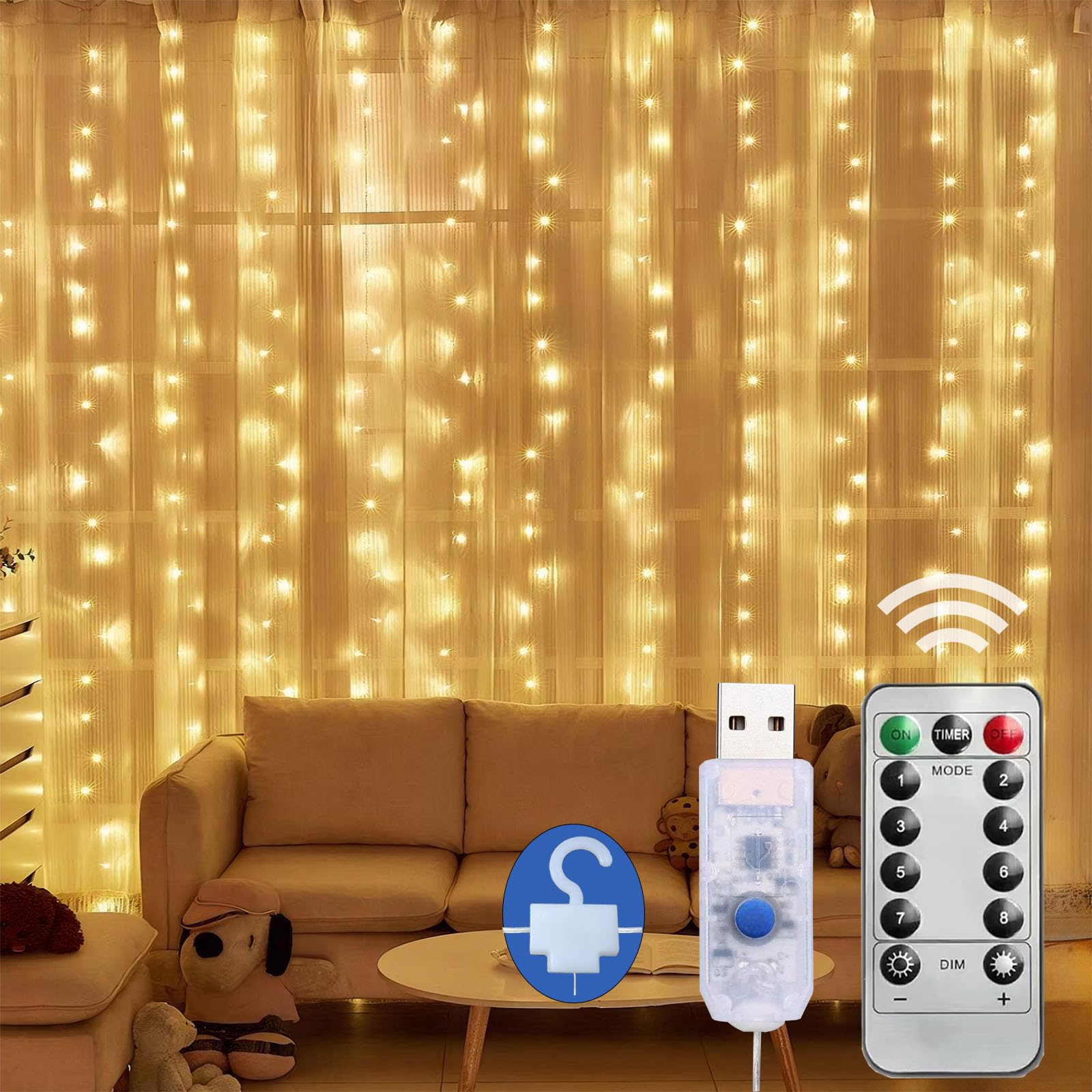 イルミネーション 3M*3M 300球 LEDライト カーテンライト防水 クリスマスライト ストリングライト リモコン付き USB給電 8モード切替 クリスマス ハロウィーン パーティー (電球色 フック付き)